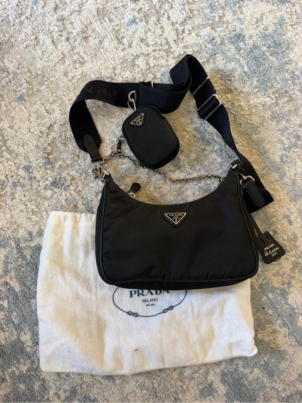 Prada Black Nylon Shoulder Bag with Wide Strap and Mini Pouch